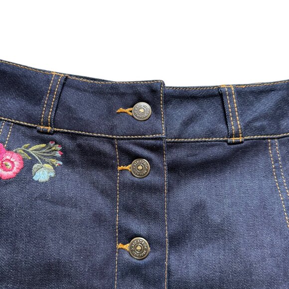 KATE SPADE Broome Street Embroidered Floral A-Line Skirt Indigo Blue Denim Butto - Picture 3 of 8